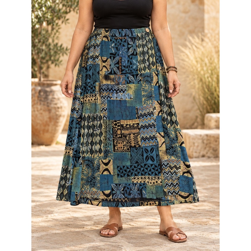 Coldwater Creek Maxi Skirt Women 3X Teal Patchwork Tribal Boho Faux Wrap Pull On